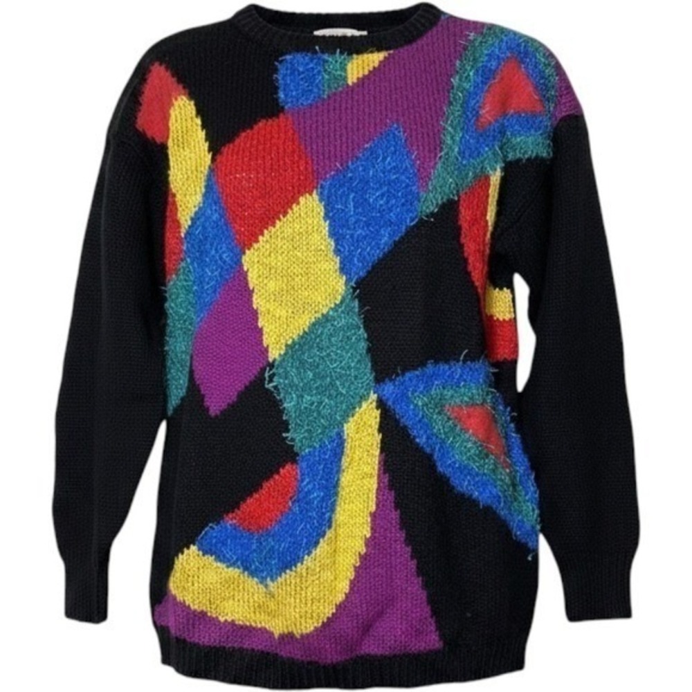 Vintage Rochelle California 80s Geometric Colorblock Wool Angora Knit Sweater